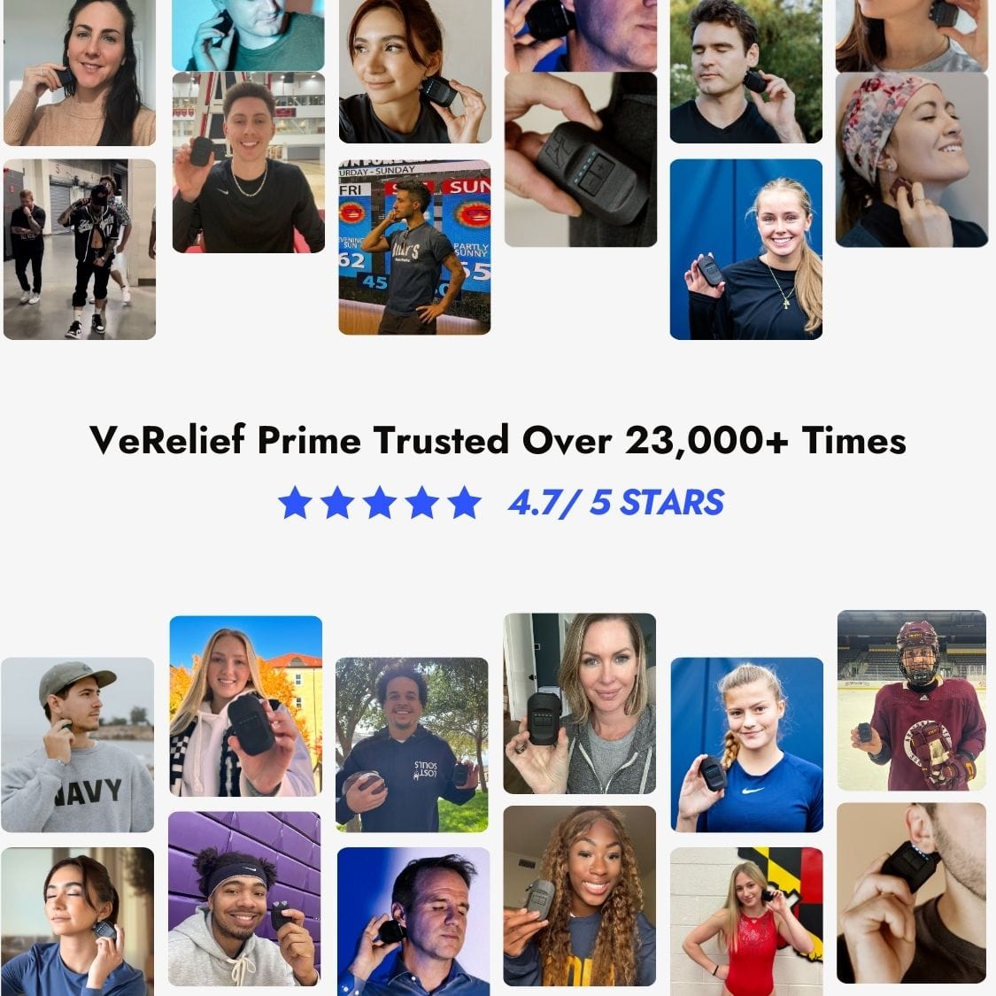 Real VeRelief Prime customers using the vagus nerve stimulation device for stress, sleep, and performance recovery — trusted by over 23,000 people worldwide.