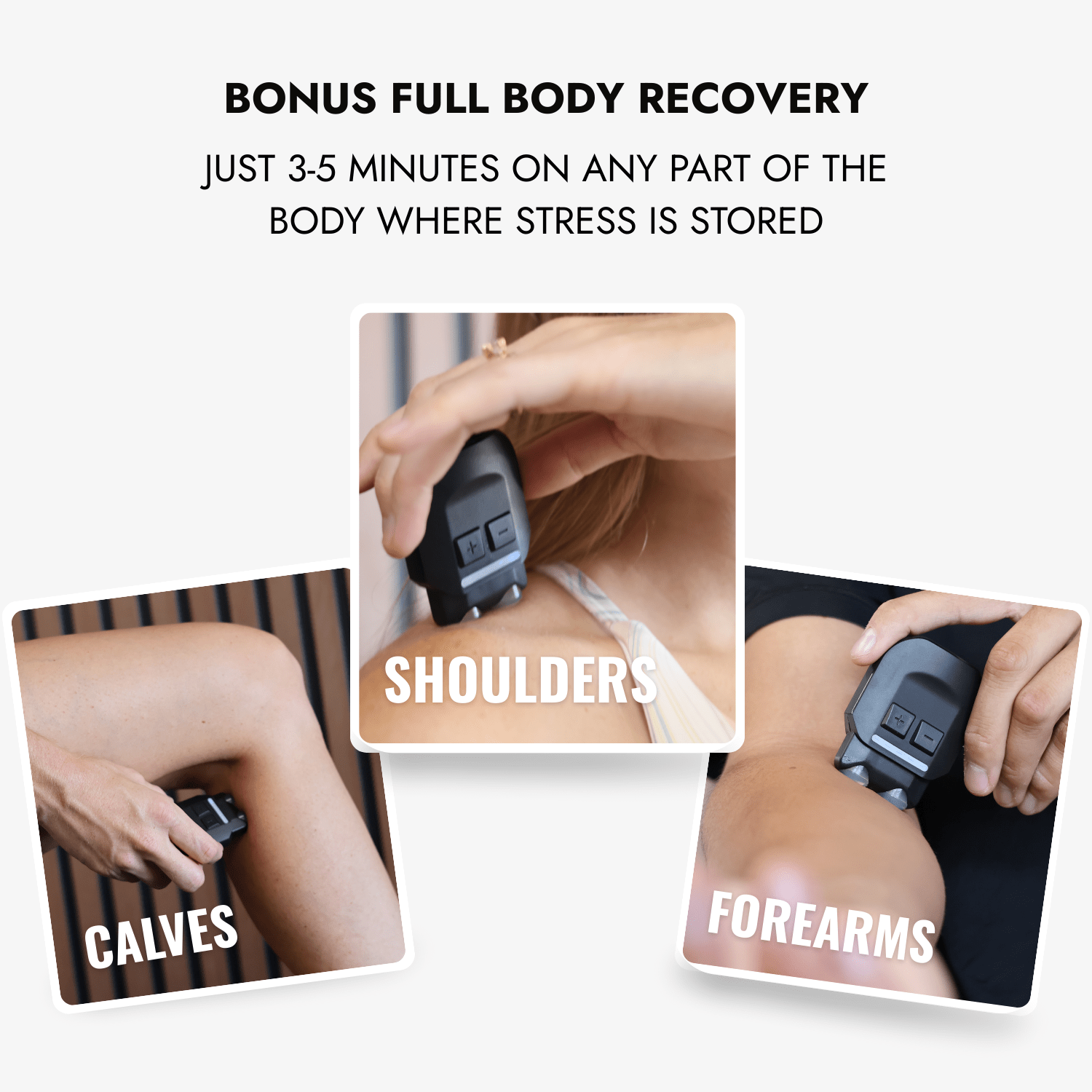 Demonstration of using VeRelief Prime on shoulders, calves, and forearms for full-body relaxation and muscle recovery.