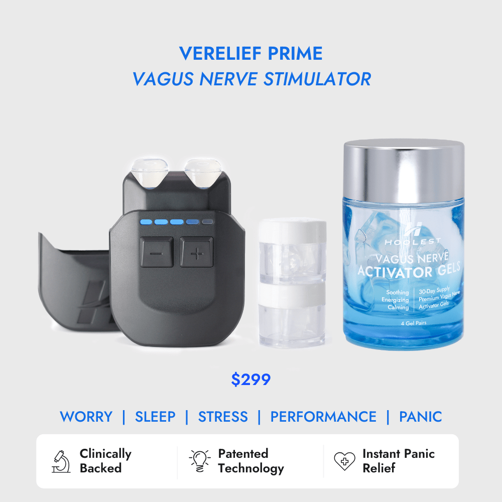VeRelief Prime vagus nerve stimulator shown with Hoolest Activator Gel set for enhanced comfort and conductivity