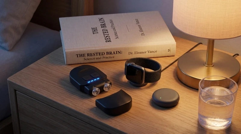 1. Bedside setup of biohacking tools including a wellness device, smartwatch, sleep accessory, book, and glass of water.
