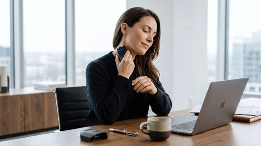 Professional woman applying a neck wellness device while exploring how to calm nervous system and reduce everyday stress.