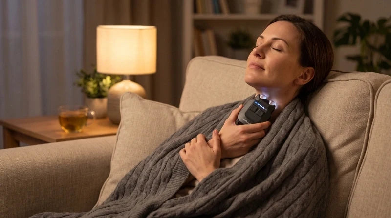 Calming device featuring a woman using a wearable nervous system support device while resting comfortably on a sofa at home.