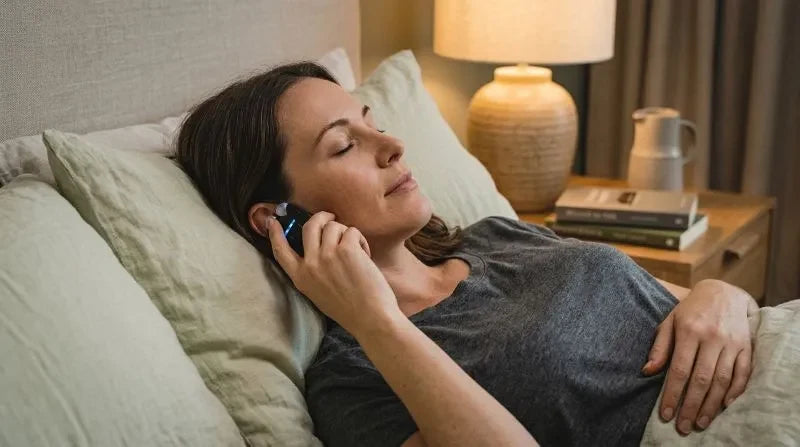 Calming bedtime routine setup featuring VeRelief Prime vagus nerve stimulation device and relaxing bedroom elements