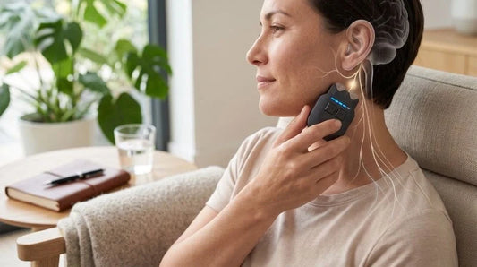 Vagus nerve pressure point ear visualization featuring a close-up view of a woman applying a vagus nerve device below the ear with a nervous system overlay.