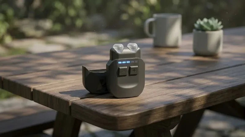VeRelief Prime device placed on a wooden table outdoors with sunlight and blurred greenery in the background, representing a tool for managing low vagal tone symptoms naturally and safely.