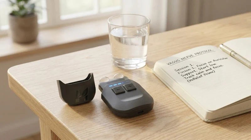 Close-up of VeRelief Prime device on table next to glass of water and notebook, showing home use for monitoring and managing vagal bradycardia safely