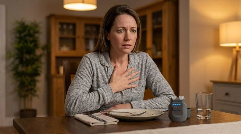 Woman sitting at dining table shortly after eating, holding her chest with a concerned expression, VeRelief Prime device on table nearby, illustrating vagus nerve tachycardia after eating in a home setting.