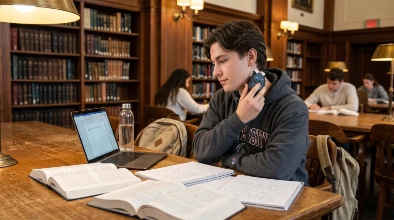 1. Vagus nerve and IBS management approach showing a student using a vagus nerve stimulation device while studying in a library setting.
