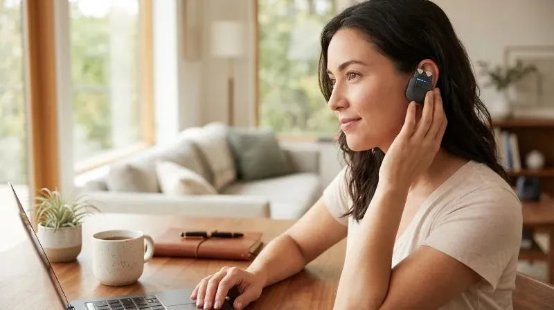 Woman working on a laptop at home while wearing a small ear-based device, illustrating non drug treatment for ADHD in a calm, productivity-focused environment.
