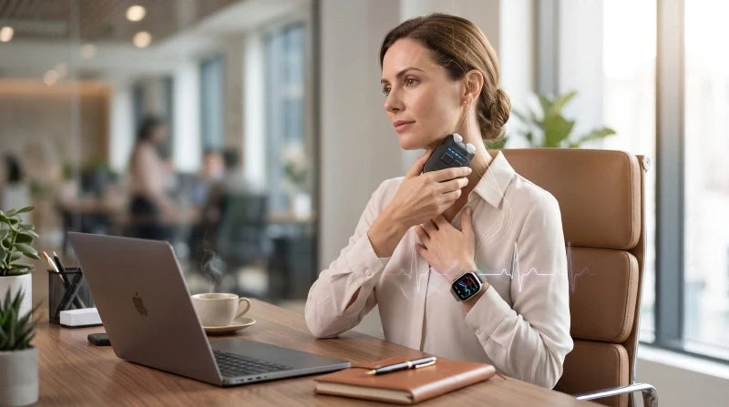 1. Sensitive vagus nerve management concept showing a woman using a wearable nervous system device at her desk with a calming heart rate visualization.