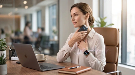 1. Sensitive vagus nerve management concept showing a woman using a wearable nervous system device at her desk with a calming heart rate visualization.