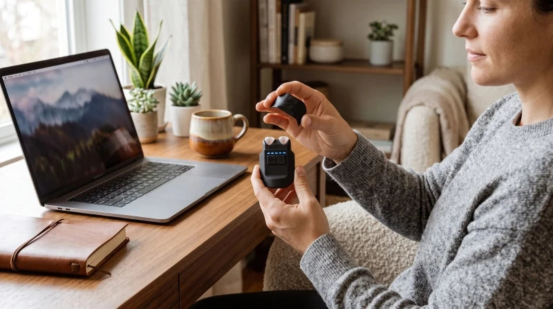 1. Stress management devices being prepared by a woman at a home workspace while holding a portable relaxation device near a laptop.