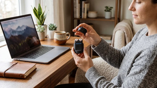 1. Stress management devices being prepared by a woman at a home workspace while holding a portable relaxation device near a laptop.