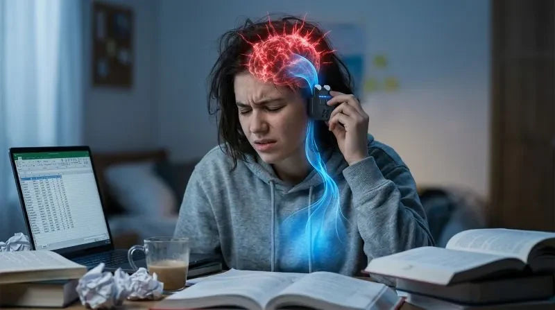 Stressed woman at a desk holding a neuromodulation device to her ear with a glowing brain overlay, illustrating tools for emotional regulation during overwhelm and cognitive overload.