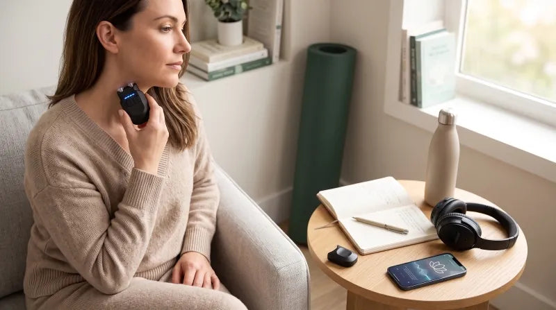 Woman using a calming neck device before bed as part of her coping tools for anxiety and evening stress management routine.