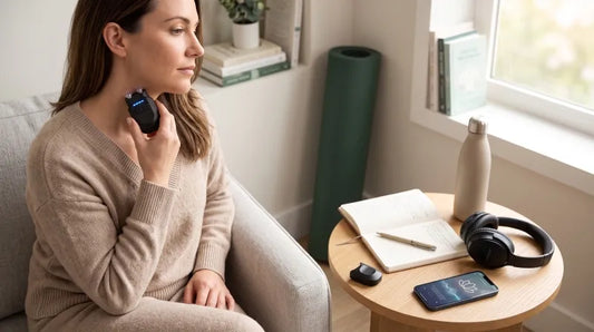 Woman using a calming neck device before bed as part of her coping tools for anxiety and evening stress management routine.