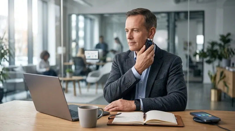Tools to help focus featuring a professional using a wearable vagus nerve stimulation device during a focused work session in an office environment.