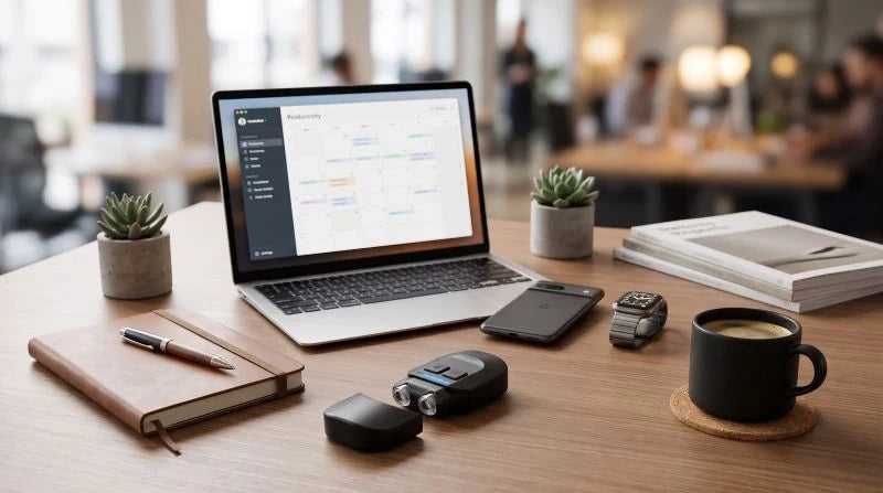 Wearable health technology devices arranged on a modern office desk beside a laptop, smartwatch, phone, and coffee.