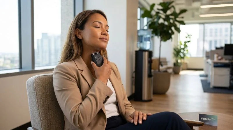 Wellness devices like VeRelief Prime support daily nervous system regulation during a calm workplace routine