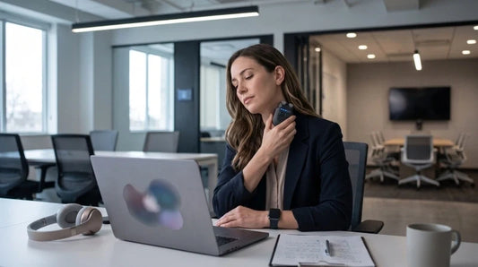 Office stress relief gadgets with a professional using a wearable relaxation device during a focused workday in a modern office setting.