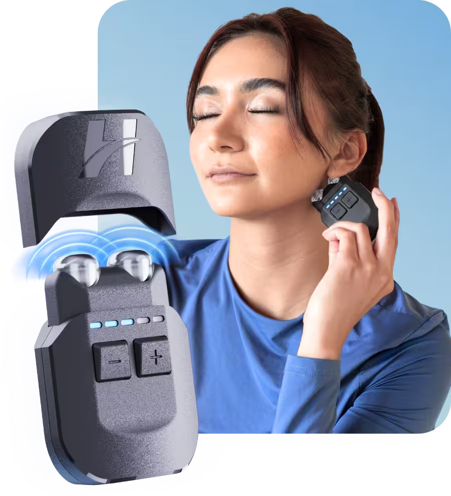 Woman holding VeRelief Prime vagus nerve stimulator against her neck