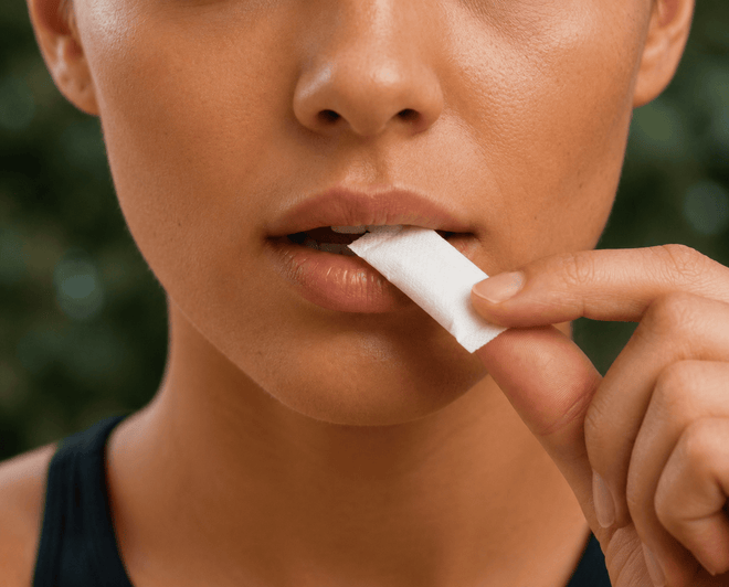Placing a GABA Calm Pouch between the upper lip and gum