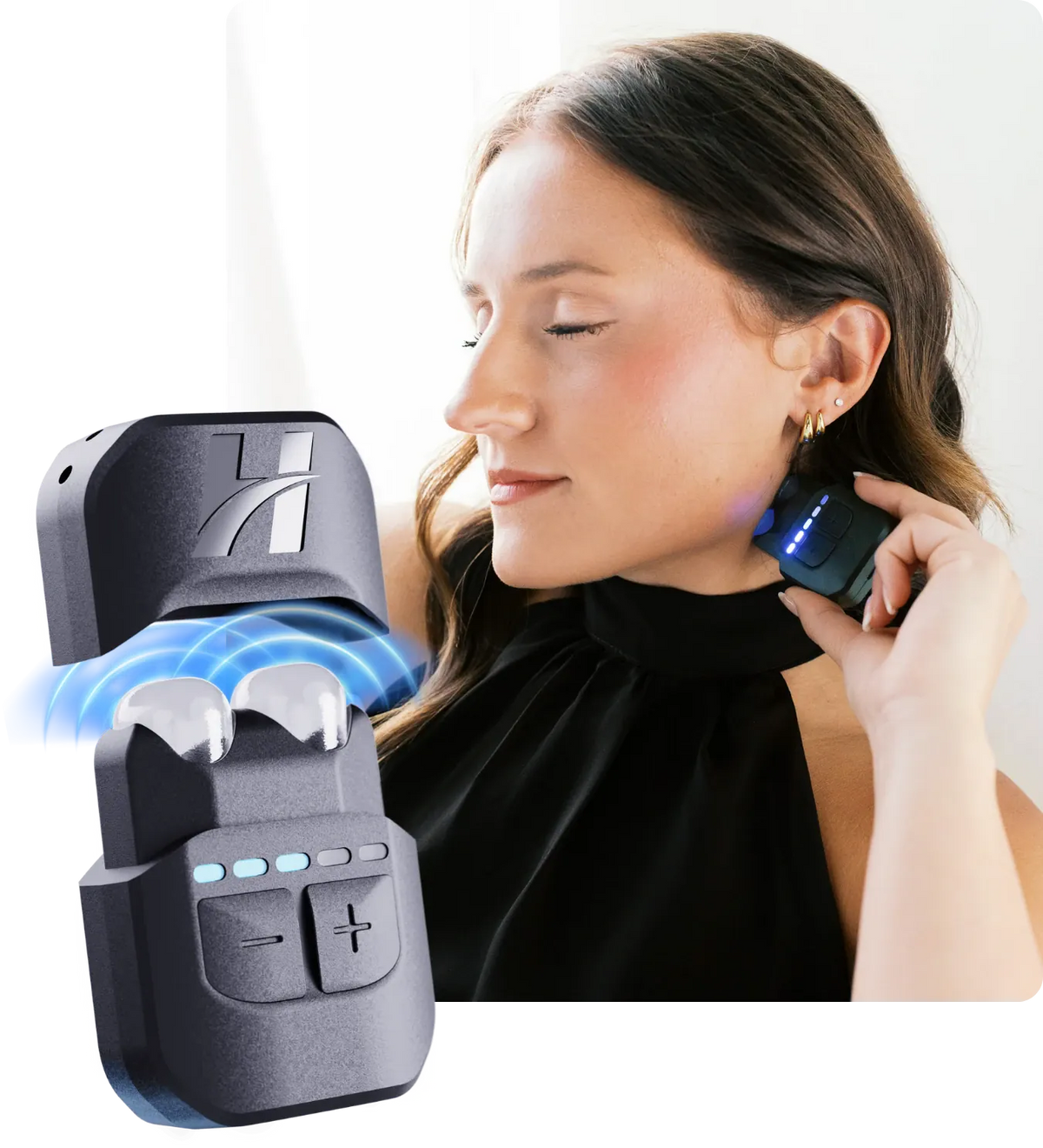 Woman holding Hoolest Mini vagus nerve stimulator against her neck