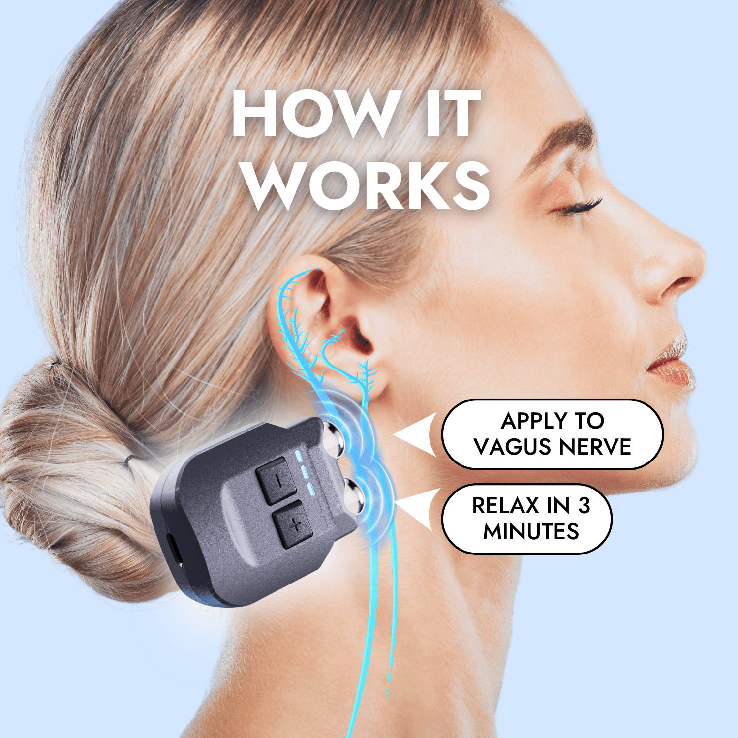 Illustration showing VeRelief Prime applied to the neck vagus nerve pathway with labeled text ‘Apply to Vagus Nerve, Relax in 3 Minutes.