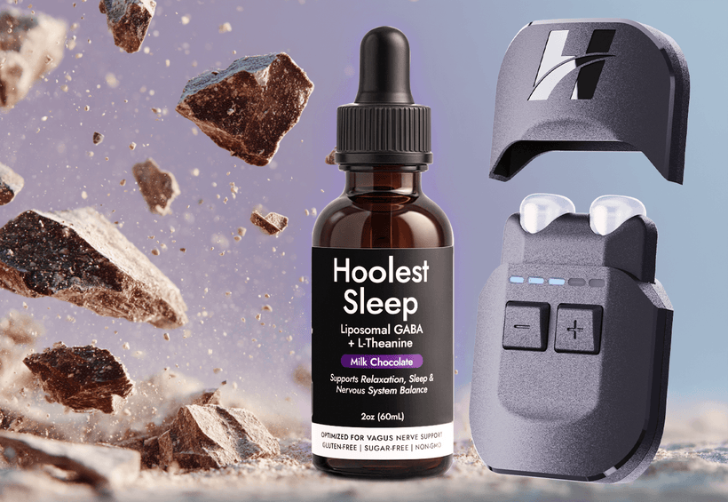 Hoolest Sleep bottle and VeRelief device on a bed of dark chocolate pieces