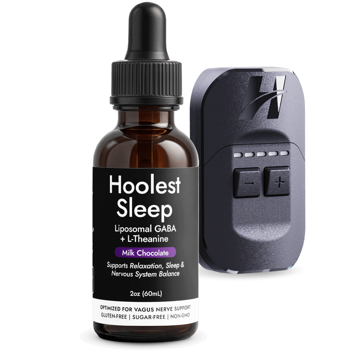 Hoolest Sleep liposomal GABA bottle next to the VeRelief device