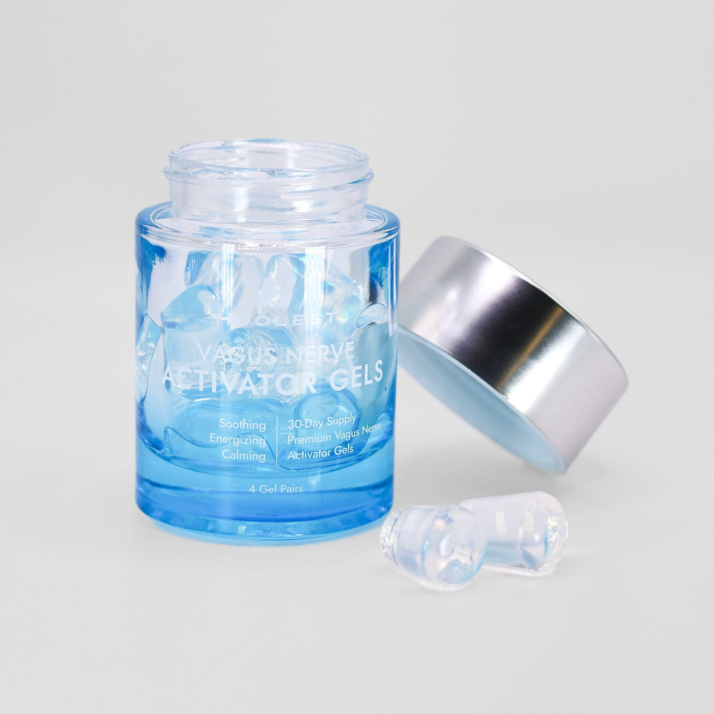 Open jar of Vagus Nerve Activator Gels with one gel pair beside it